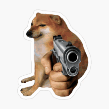 a sticker of a dog pointing a gun at someone