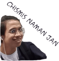 a woman wearing glasses and ear buds has a sticker that says chismis namai jan