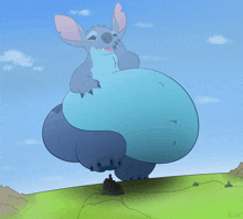 a cartoon drawing of stitch with a large belly standing on a hill