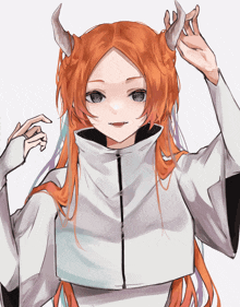 a drawing of a girl with long orange hair and horns