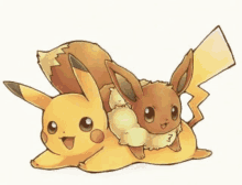 a pikachu and eevee are laying next to each other