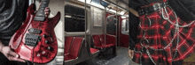 a man is holding a red guitar , a woman is wearing a red plaid skirt and a subway car .