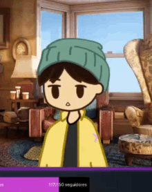 a cartoon character wearing a green hat and a yellow jacket is standing in a living room