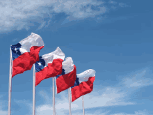 a row of red white and blue flags are flying in the wind