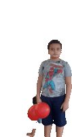 a boy wearing a spiderman shirt holds a red balloon