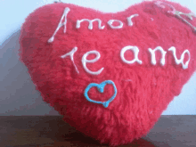 a red heart shaped pillow with the words amor te amo written on it