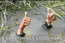 a person is giving a thumbs up while stuck in a puddle of water .