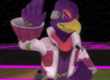 a purple bird is holding a bowl of food in its hand .