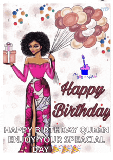 a birthday card with a woman holding balloons and a gift box