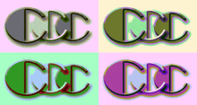 four different colored ccd logos on a pink and yellow background