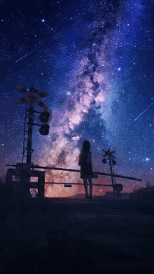 a girl stands under a starry night sky with a train crossing sign in the foreground