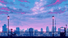 a girl is riding a bike in front of a city skyline at sunset