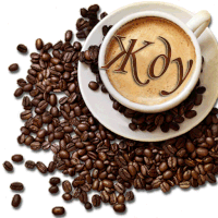 a cup of coffee surrounded by coffee beans with the word koy written on the foam