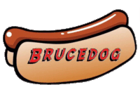 a cartoon drawing of a hot dog with brucedog written on it