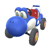 a blue and white toy car with a red seat and a steering wheel