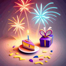 a slice of birthday cake with a lit candle and a gift box with fireworks in the background