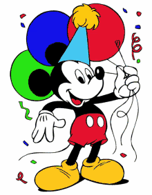 mickey mouse wearing a party hat and holding balloons