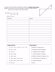 a worksheet for completing the proof by filling in the statements and reasons giving the choices below