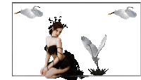 a woman in a black dress is kneeling in front of some birds