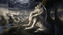 a painting of a wolf sitting under a tree overlooking the ocean