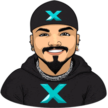 a cartoon of a man wearing a black hoodie with the letter x on the front