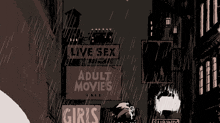 a black and white drawing of a street scene with a sign for adult movies