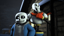 two skeletons are standing next to each other and one has a red cape on