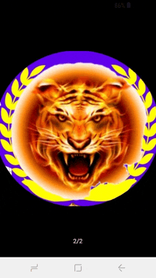 a picture of a tiger 's head in a circle with a laurel wreath around it .