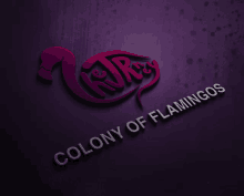 a logo for the colony of flamingos is displayed on a purple background