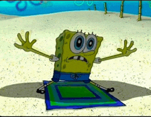 a cartoon character named spongebob is sitting on a green mat on the beach