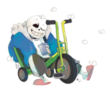 a drawing of a skeleton riding a tricycle with a cup in his hand