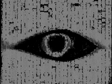 a black and white drawing of a person 's eye with a striped background .