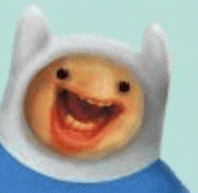 finn from adventure time is wearing a blue shirt and a white hat .