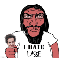 a cartoon of a man with a beard and mustache wearing a shirt that says i hate lasse