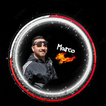 a man wearing sunglasses and a black jacket is in a circle with the name marco on it