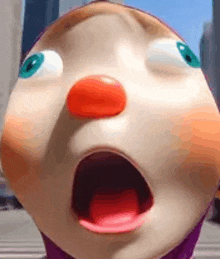 a close up of a cartoon character 's face with his mouth open .