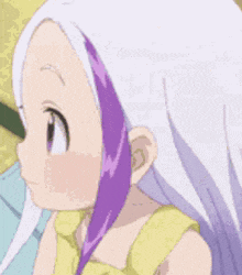 a close up of a cartoon girl with white hair and purple streaks