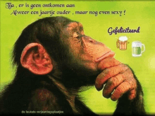 a picture of a chimpanzee with the words gefeliciteerd written on it