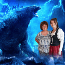 two women standing in front of a monster with a lightning bolt in the background