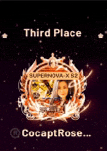 a third place badge with a picture of a woman