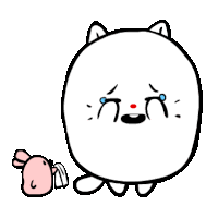 a cartoon drawing of a white circle with a crying face and a pink rabbit standing next to it .