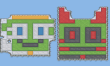 a cartoon drawing of two islands with different colored blocks