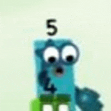 a cartoon character with big eyes is standing next to a number 5 .