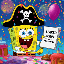 a cartoon of spongebob wearing a pirate hat and holding a leaked script of season 14