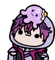 a cartoon character with purple hair and a purple octopus on top of his head .