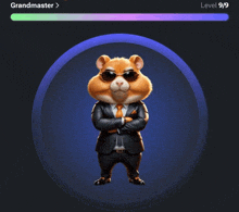 a hamster wearing sunglasses and a suit is standing in a circle with the words grandmaster above it