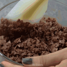 a close up of a person 's hand holding a bowl of chocolate flakes with the words mr.cakes below it