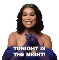 a woman wearing purple gloves is smiling and says " tonight is the night "