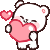 a polar bear is holding a pink heart in its mouth .