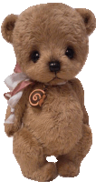 a brown teddy bear with a swirl necklace around his neck